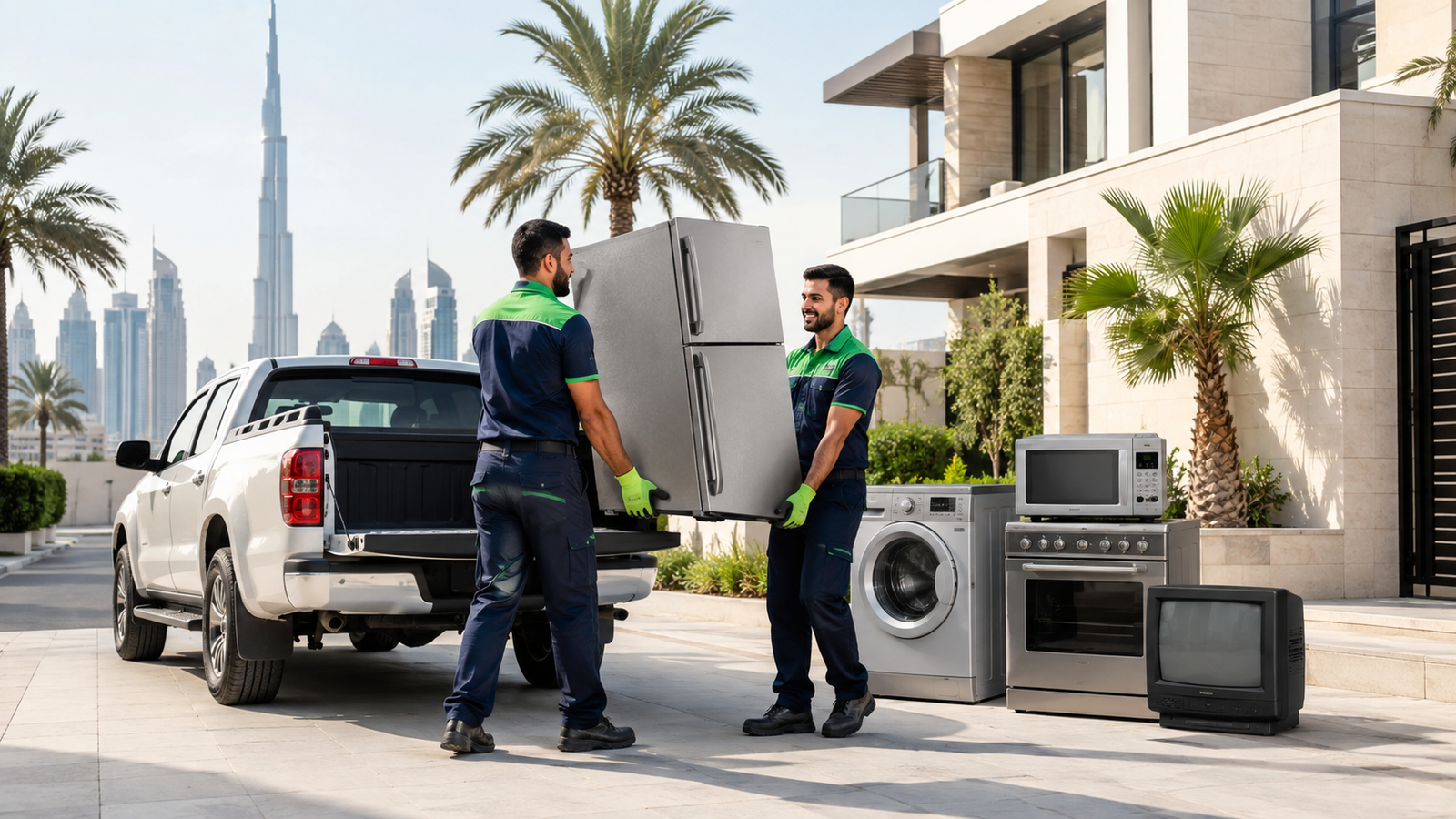 Old kitchen appliances being removed during a kitchen renovation in Dubai