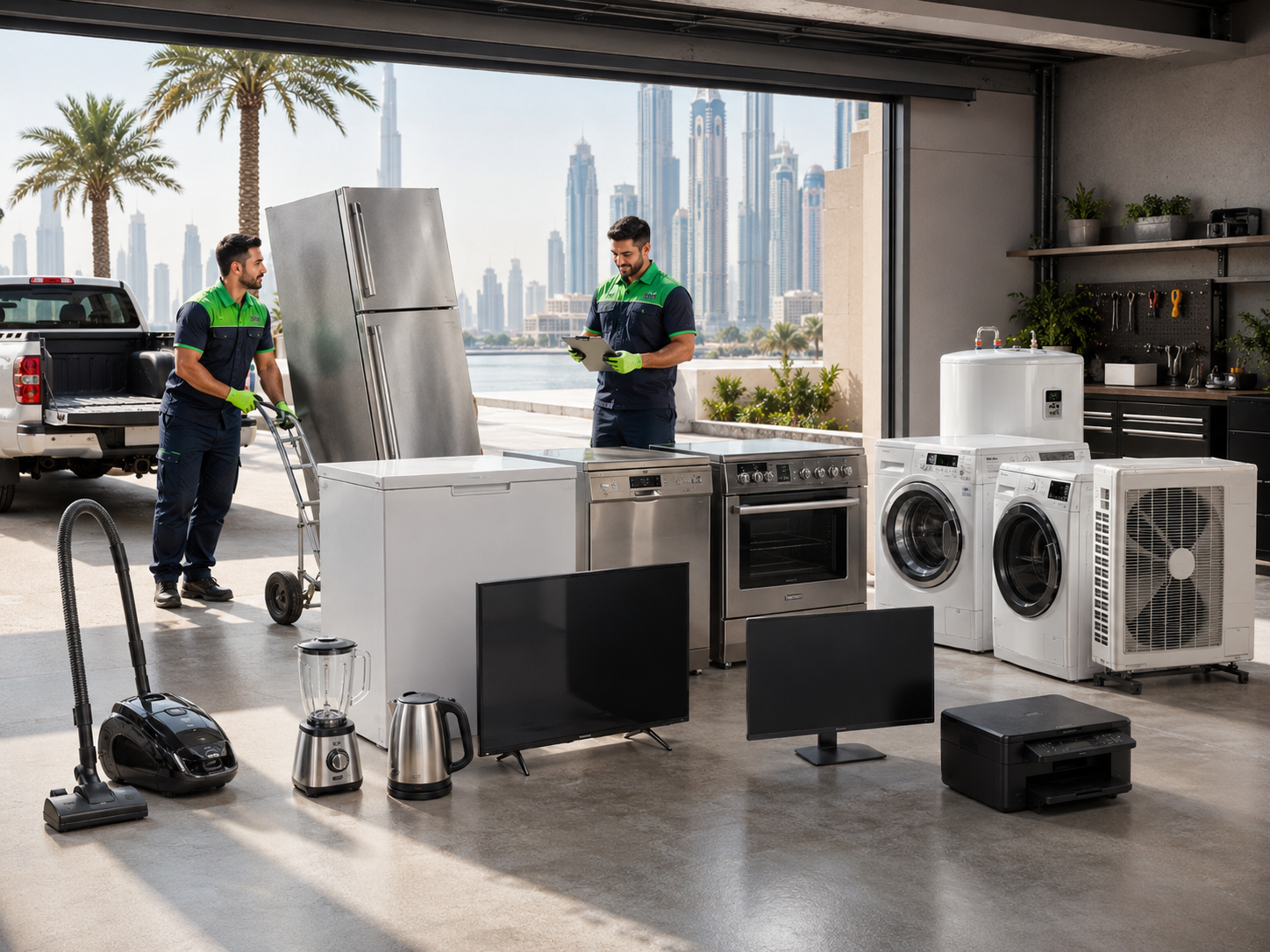 Professional appliance removal team in Dubai with pickup truck and unwanted household appliances