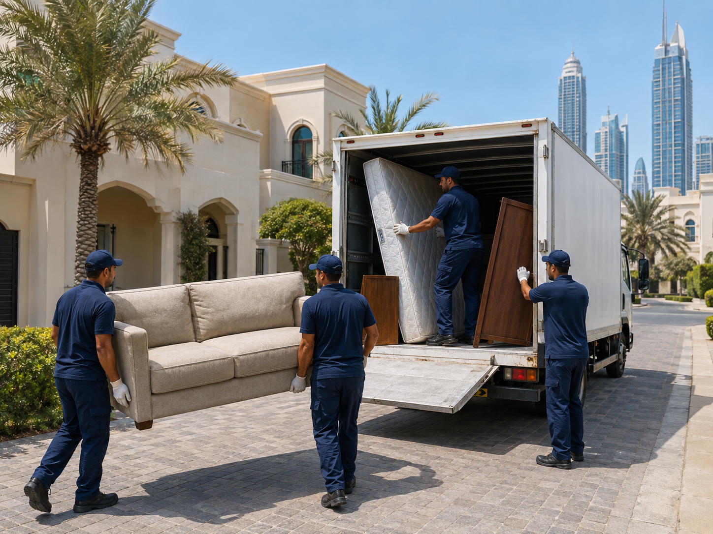 Furniture removal process in Dubai with workers loading unwanted furniture