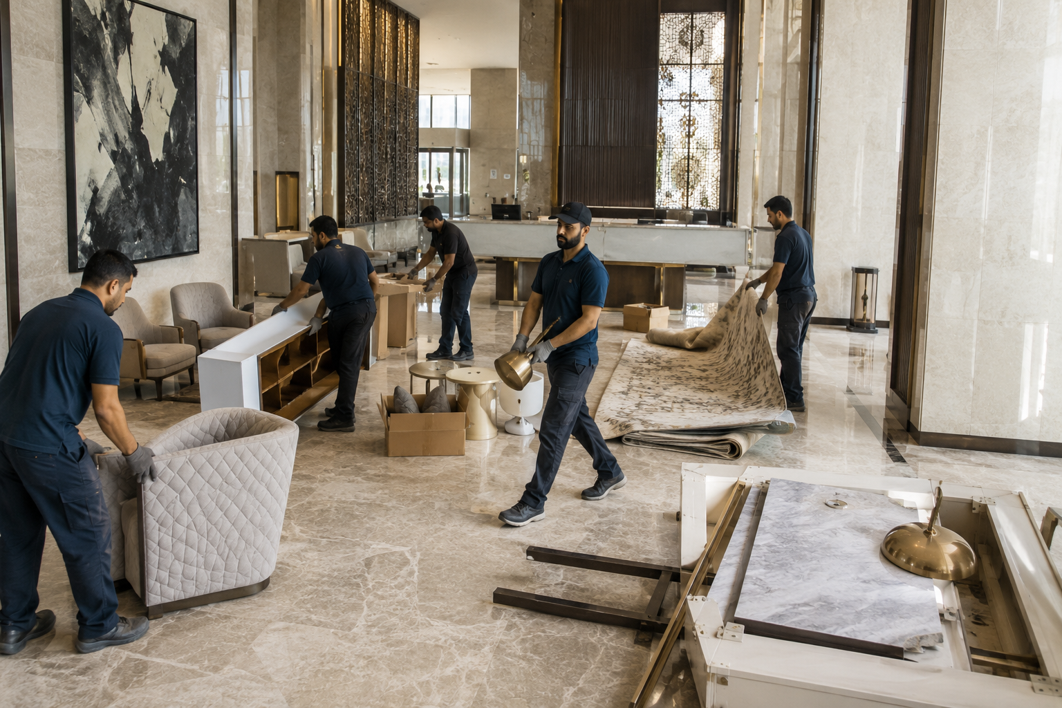 Home Junk Removal Dubai team removing bulky old furniture from a residence
