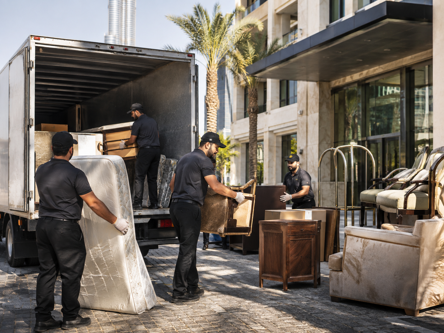 Hotel Junk Removal Dubai clearing old mattresses and furniture from guest rooms during refurbishment