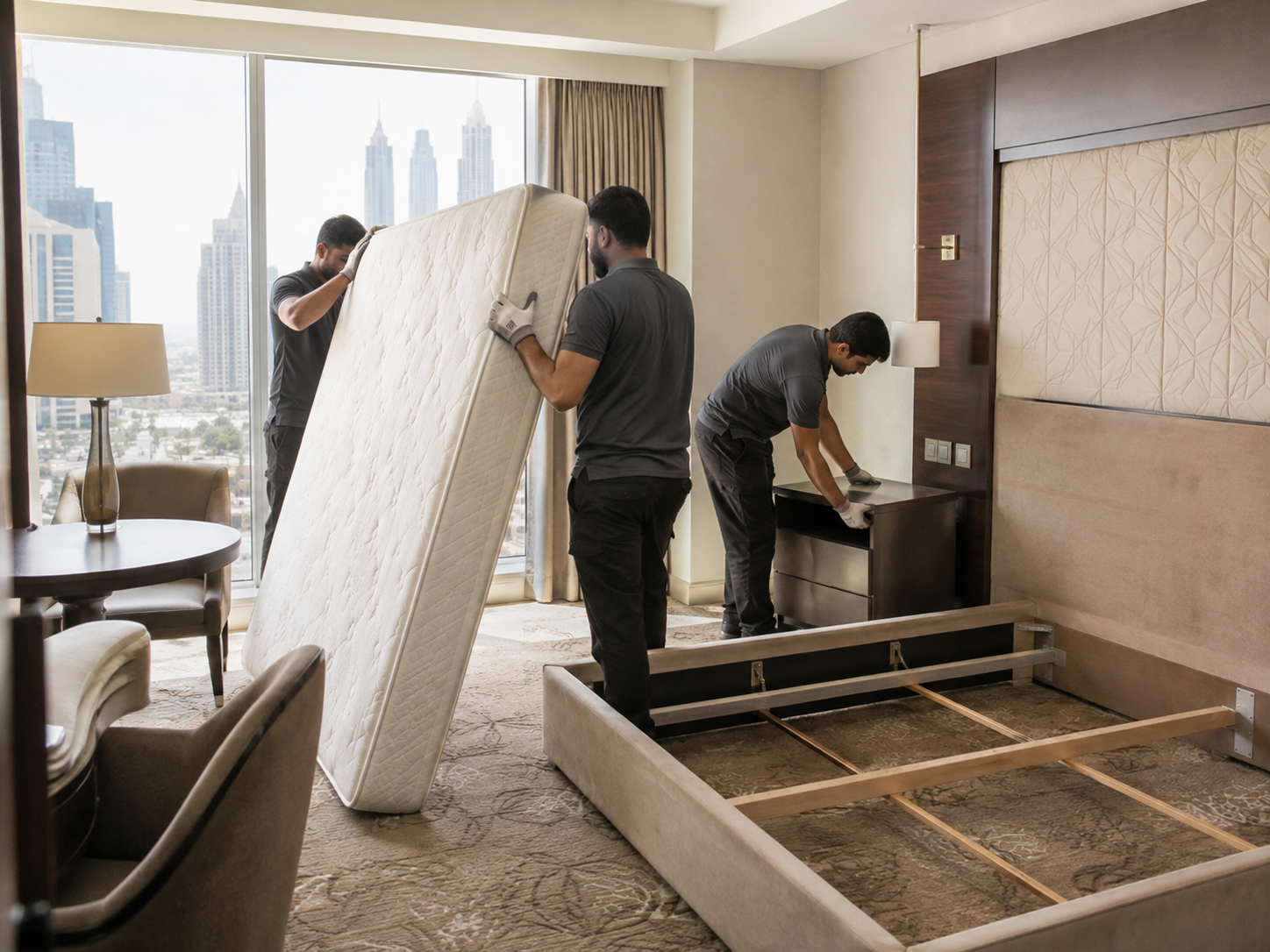 Hotel junk removal in Dubai removing old beds sofas chairs and hotel furniture