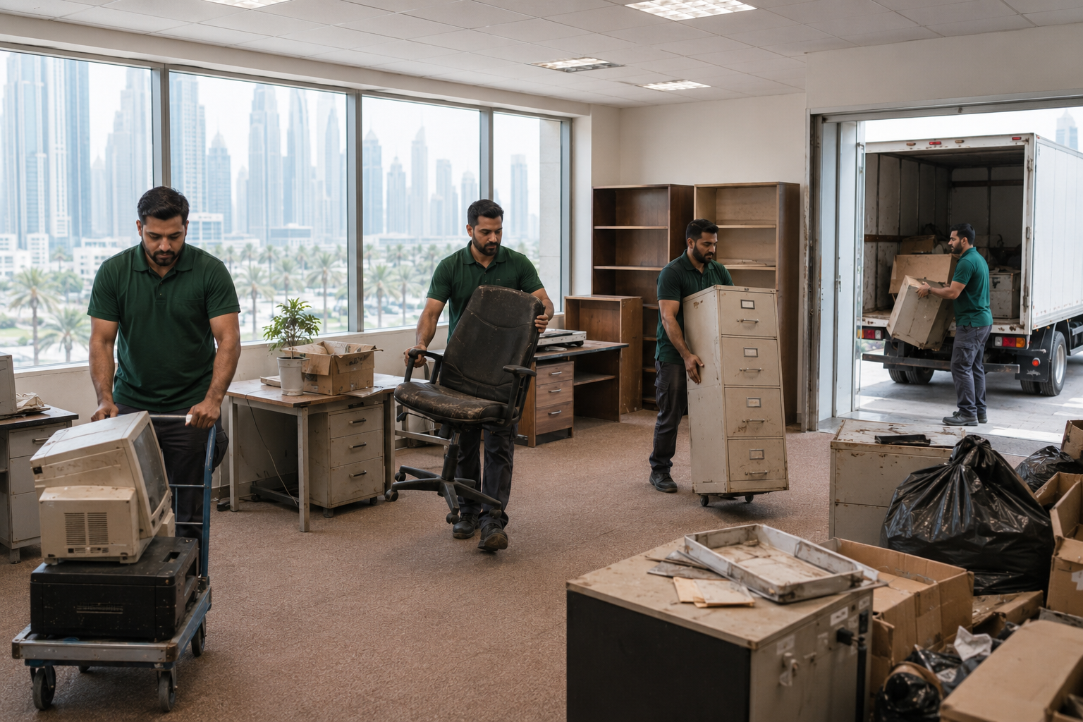 Office junk removal company in Dubai loading old office furniture and unwanted workplace items