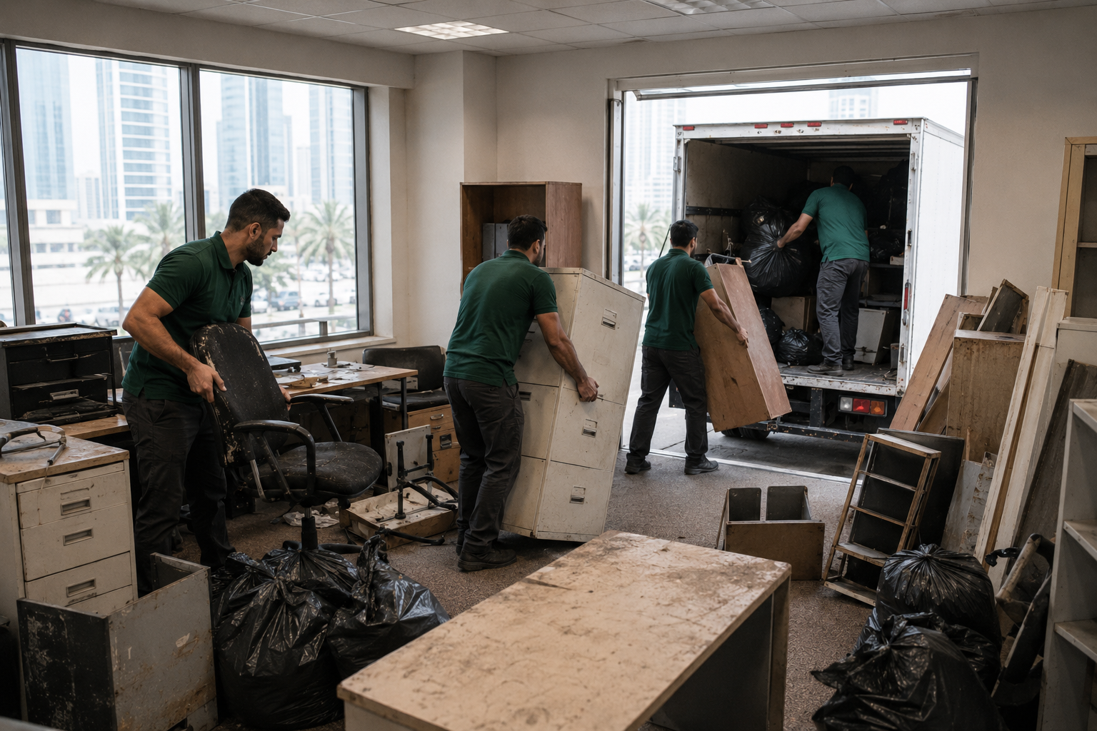 Old office furniture removal in Dubai with unwanted desks chairs cabinets and bulky office junk