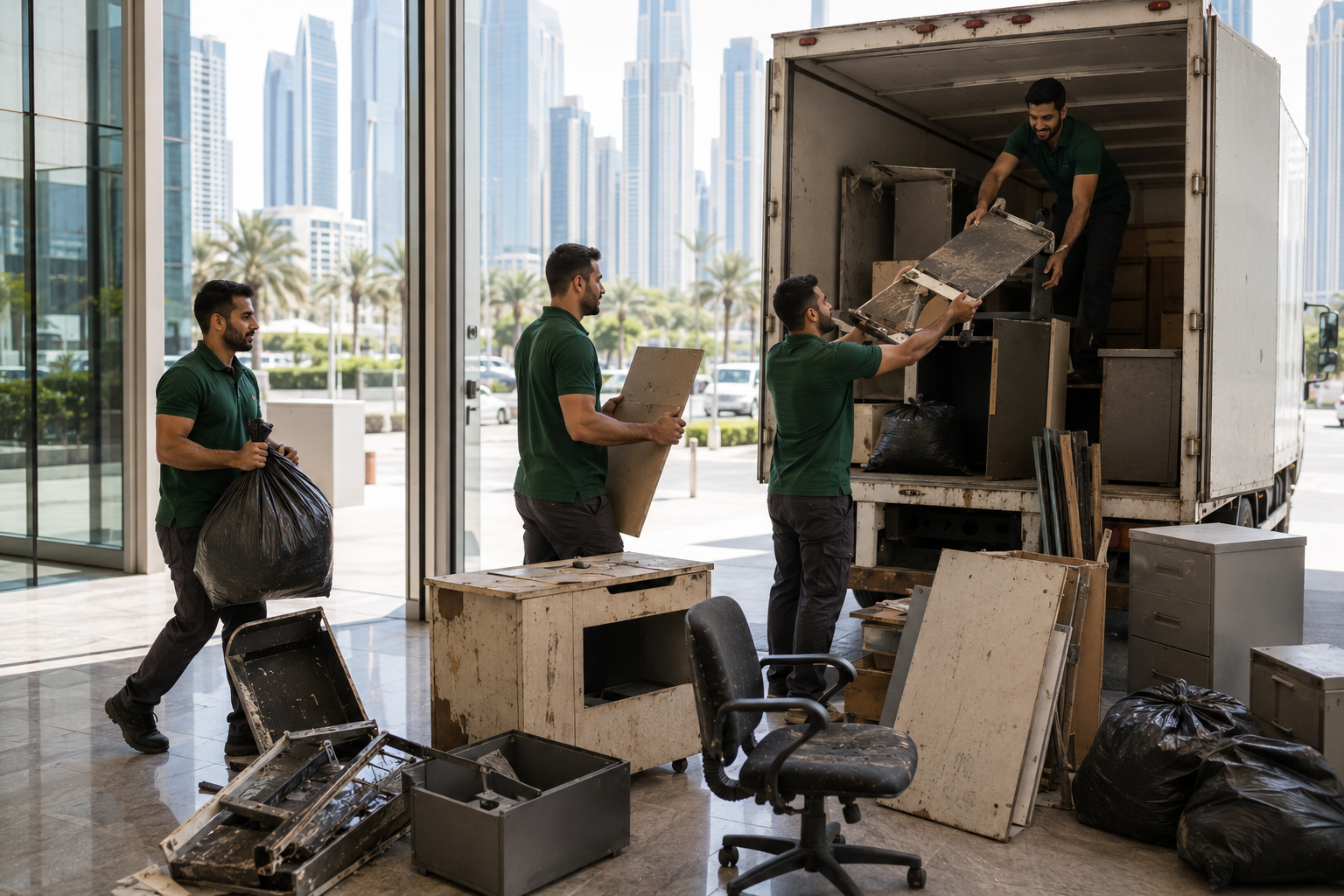 Office renovation waste removal in Dubai clearing old furniture panels and unwanted office junk