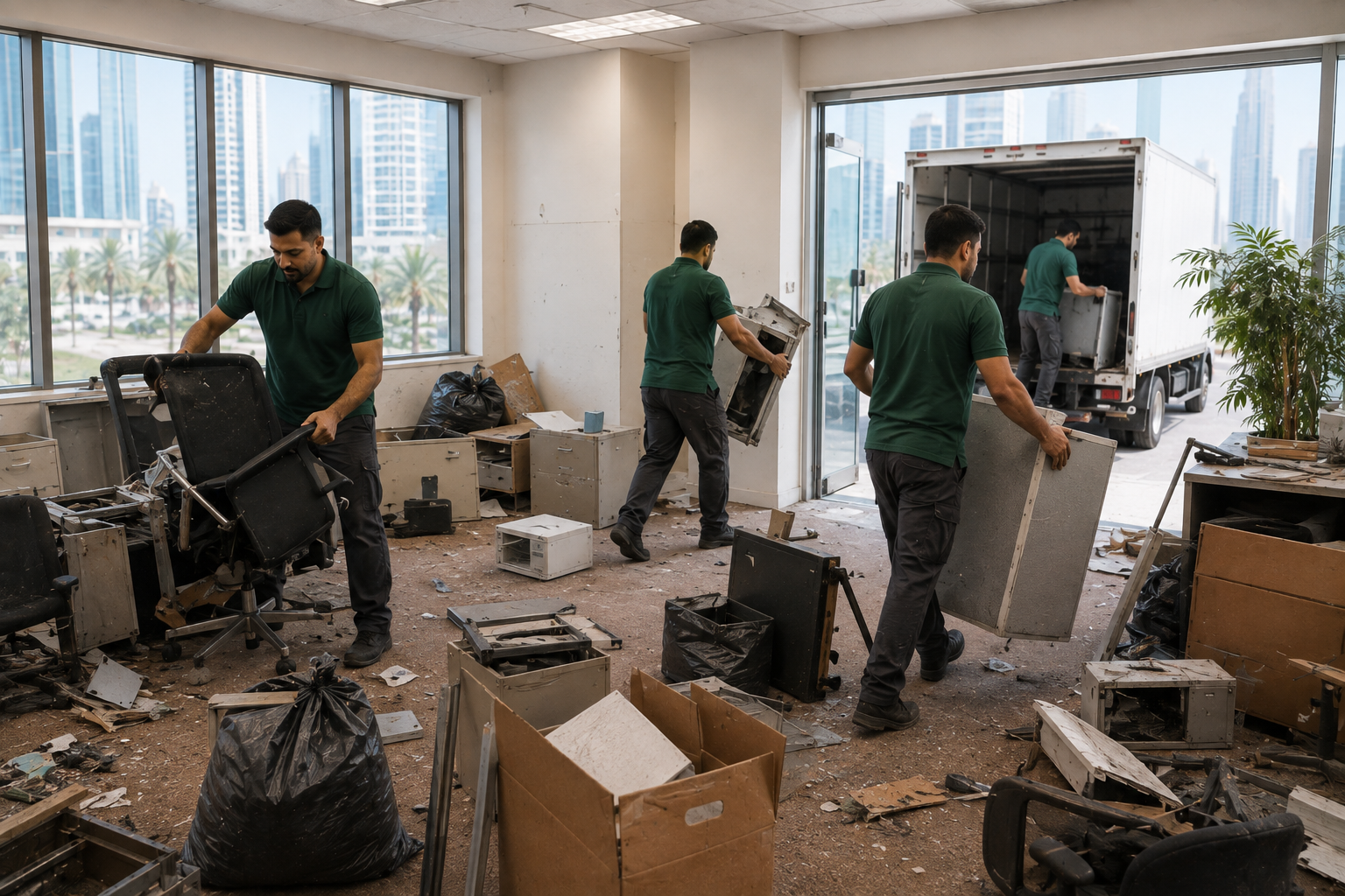 Professional office junk removal in Dubai clearing unwanted furniture boxes and workplace clutter