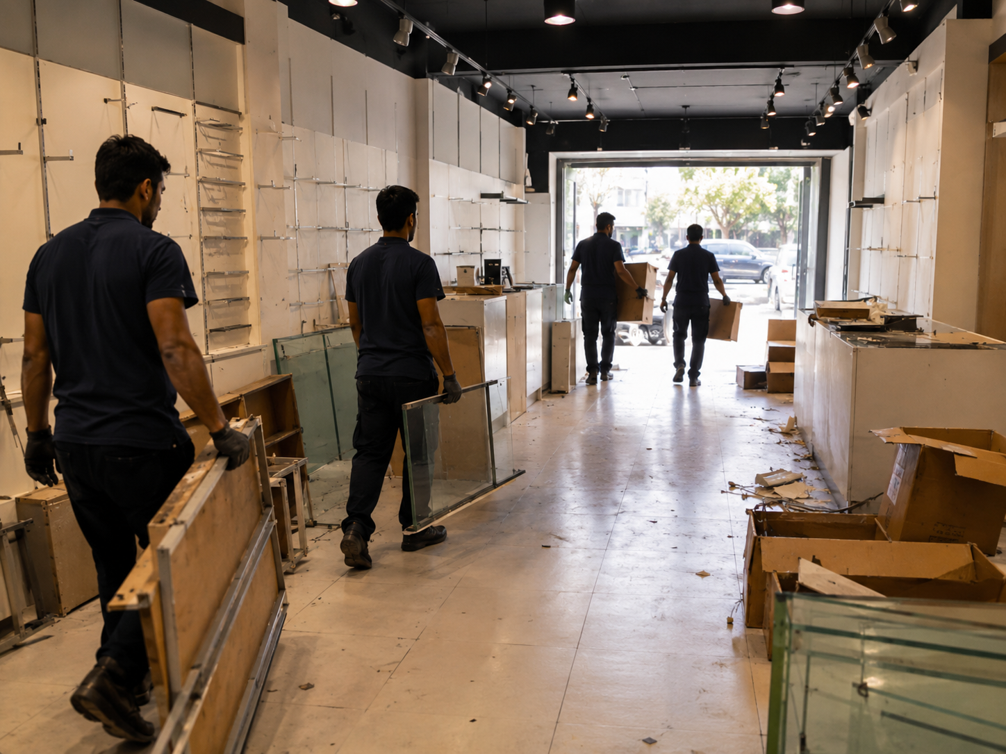 Shop cleanout junk removal crew loading old retail furniture fixtures and display units