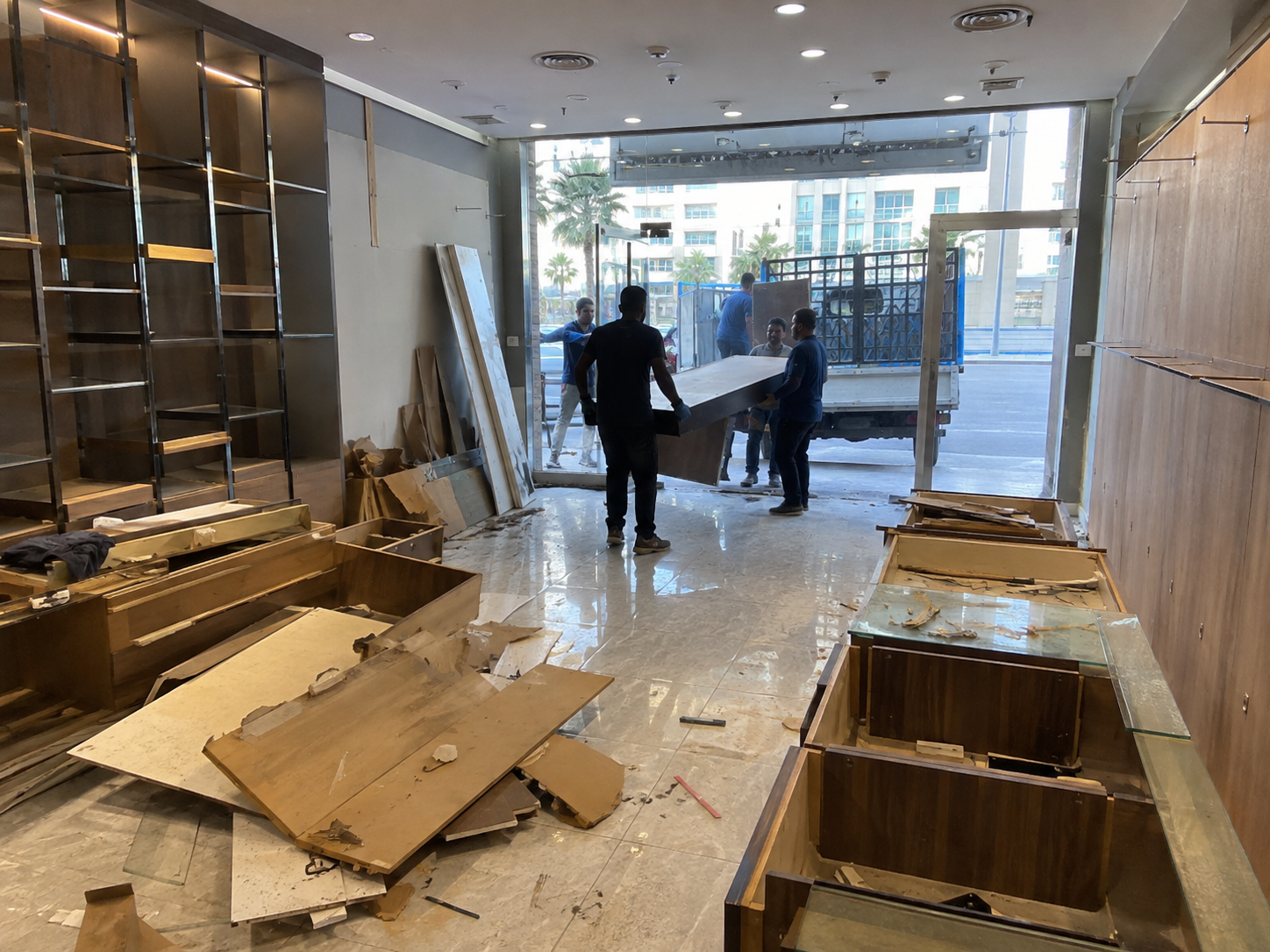 Shop Cleanout in Dubai with workers removing retail shelves counters and commercial junk