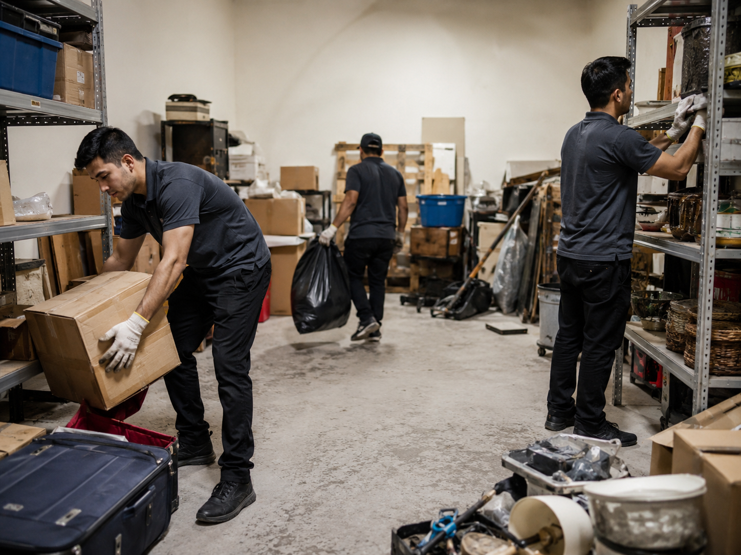 Storage room cleanout in Dubai with unwanted furniture boxes and household items being removed