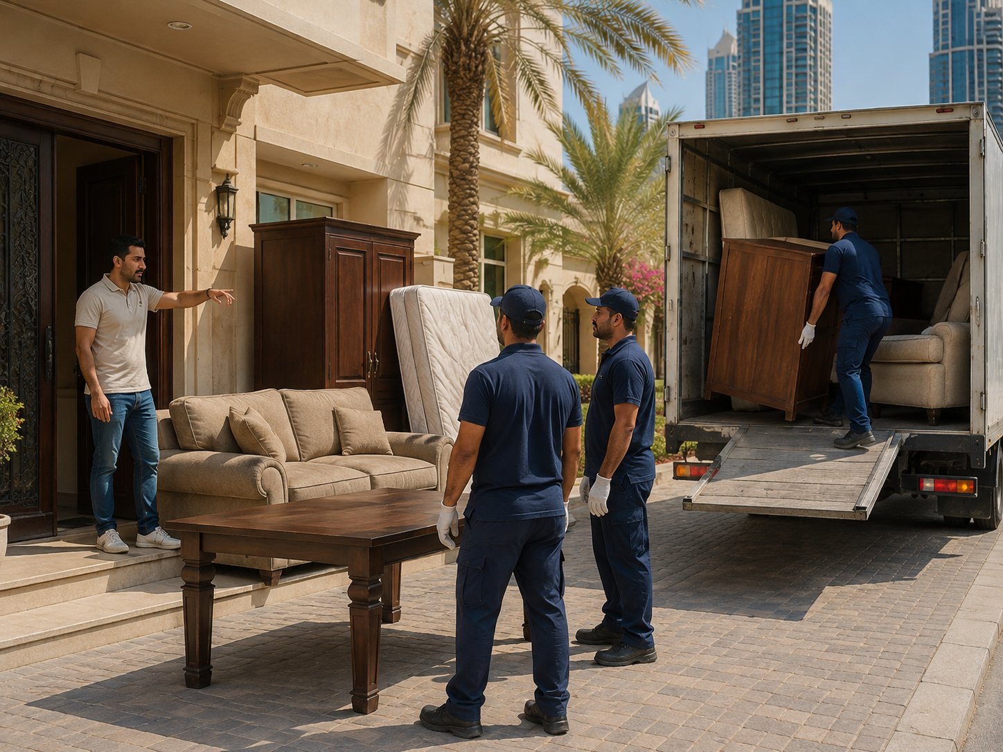 Furniture junk removal team collecting sofas tables wardrobes and other items